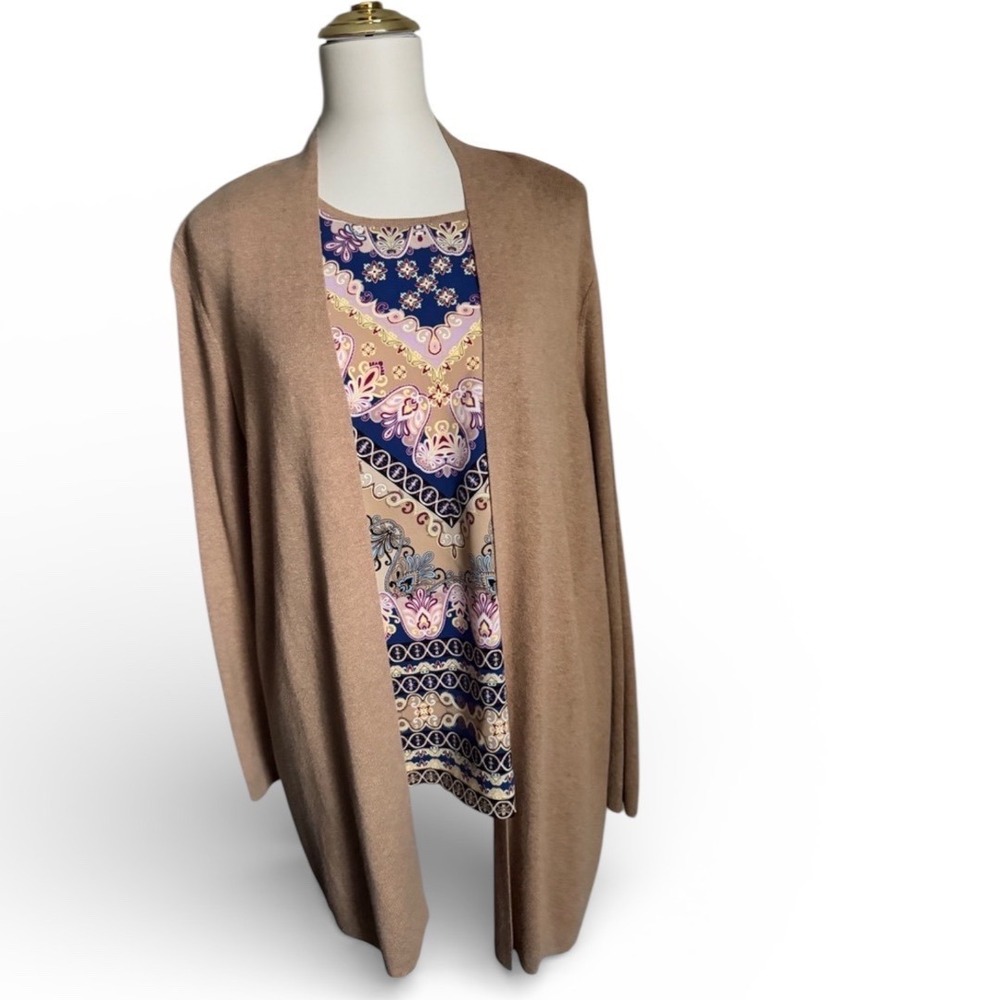 Chicos Linen Blend Sweater Cardigan Set with Paisley Print Back Panel Women Sz L